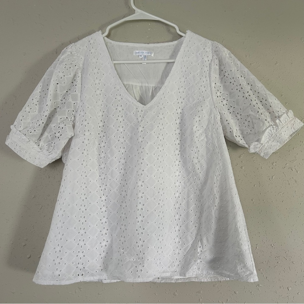 Draper James White Short Sleeve Puff Sleeve Eyelet Blouse Summer Neutral Medium